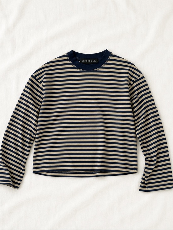Lioness Tops - Lioness Navy & Beige Striped Cropped Long Sleeve Tee